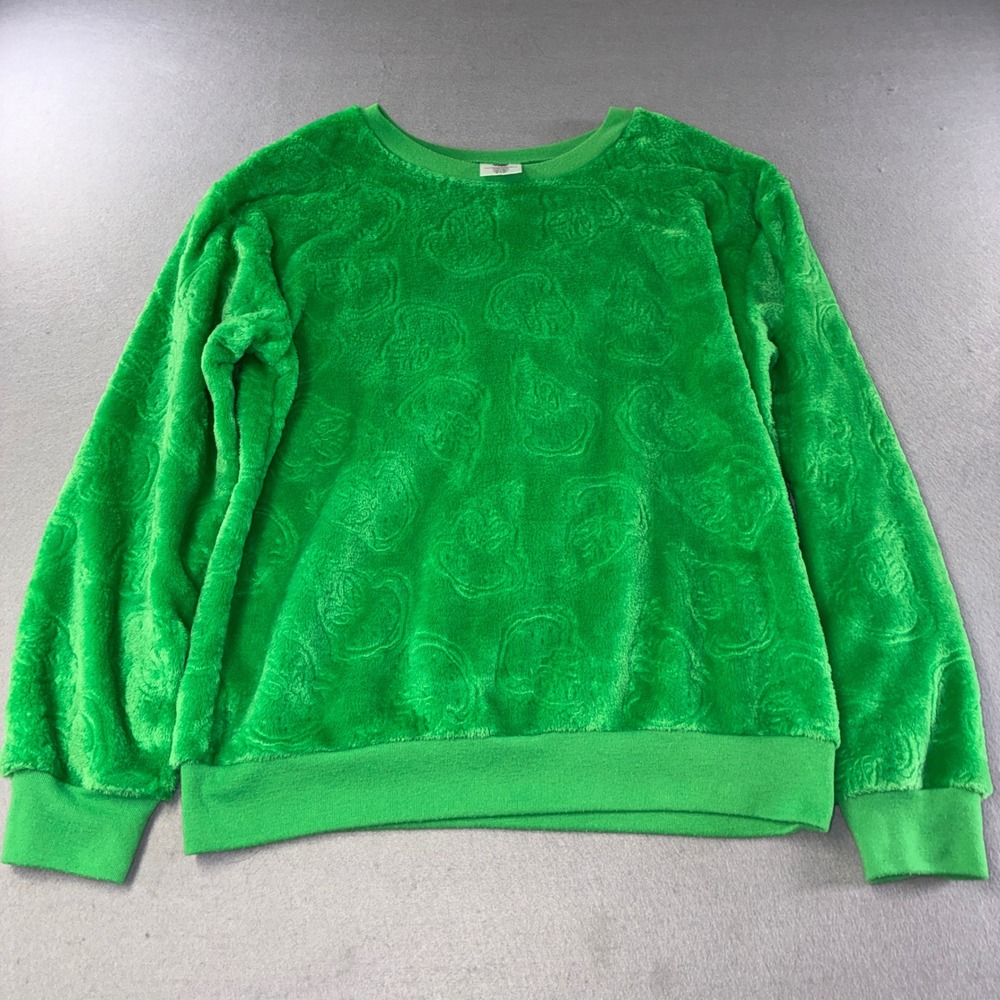 The Grinch Sweatshirt Womens M Green Fuzzy Embossed Faux Fur Pullover Holiday